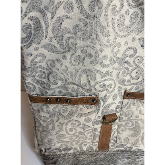 Myra Bag Backpack Upcycled Canvas Leather Hair on Hide Large Excellent Condition - Picture 6 of 11